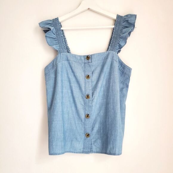 J.Crew Factory Ruffle Sleeve Denim Square Neck Button Top Size S - Picture 1 of 2